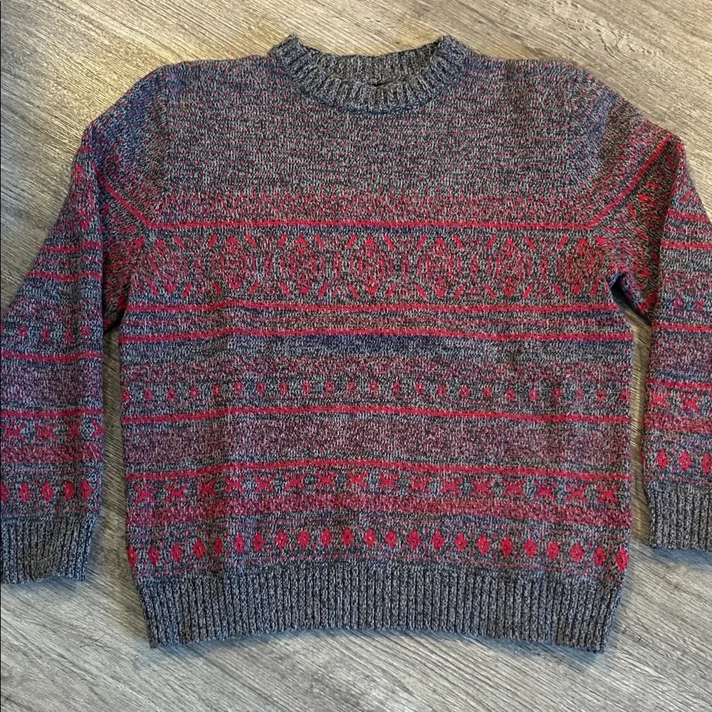 Woolrich Fair Isle Nordic Sweater Mens L Red Gray Cotton Blend Crewneck Winter
